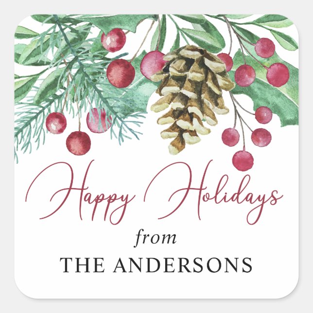 Pegatina Cuadrada Elegante acuarela Felices Fiestas (Anverso)