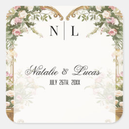 Pegatina Cuadrada Elegante acuarela Floral Corazón temática