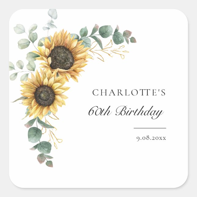 Pegatina Cuadrada Elegante acuarela Floral Fiesta de cumpleaños núme (Anverso)