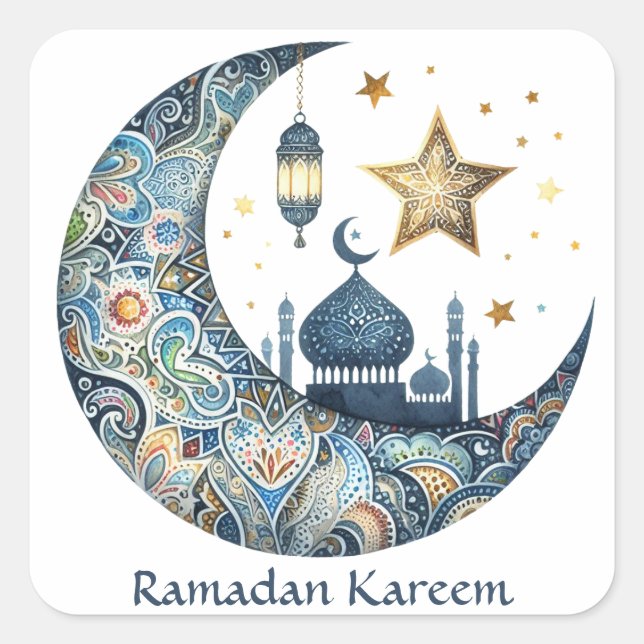 Pegatina Cuadrada Elegante acuarela Ramadan Kareem Mubarak (Anverso)