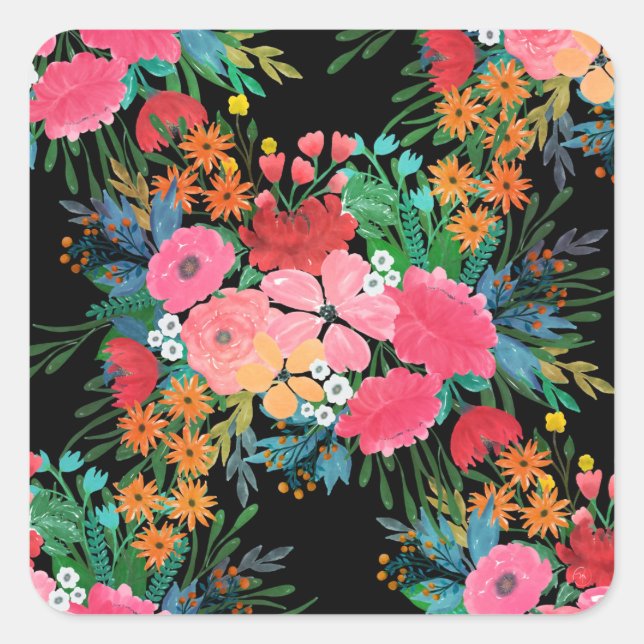 Pegatina Cuadrada Elegante acuarela rosa Floral Bouquet Diseño (Anverso)