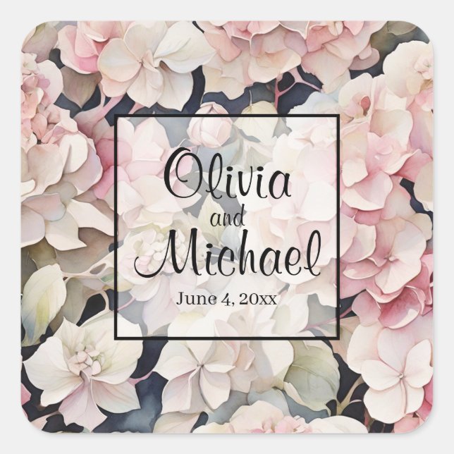 Pegatina Cuadrada Elegante acuarela rosa hidrangeas florales (Anverso)