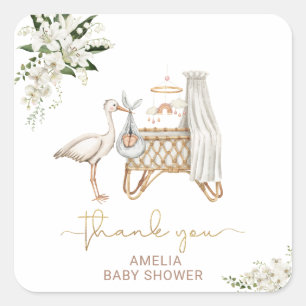 Pegatina Cuadrada Elegante acuarela StorkGirl blanco Floral Baby Sho