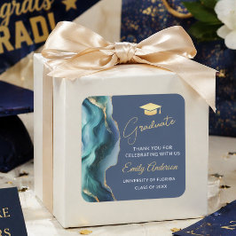 Pegatina Cuadrada Elegante Ágata Azul y Dorada Graduado Gracias