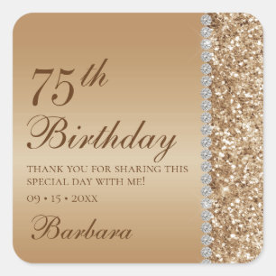 Pegatina Cuadrada Elegante Agradecimiento de 75 Cumpleaños en Dorado