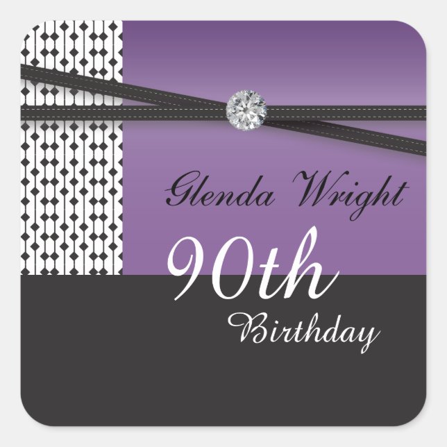Pegatina Cuadrada Elegante Amethyst Purple y Black Birday (Anverso)