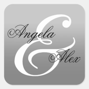 Pegatina Cuadrada Elegante Ampersand de Caligrafía de Boda Gris Ombr