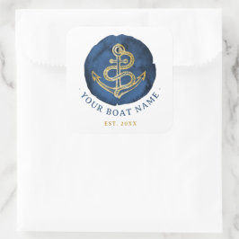 Pegatina Cuadrada Elegante Ancla de color de agua Nautical Name Navy