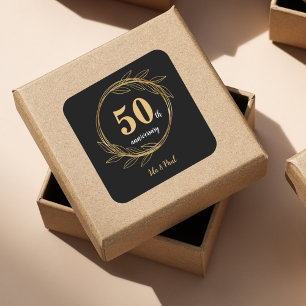 Pegatina Cuadrada Elegante Aniversario de la Hoja de Oro Negro 50° B