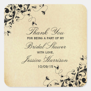 Pegatina Cuadrada Elegante Antiguo Swirls Bridal Shower Gracias