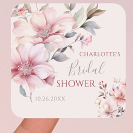 Pegatina Cuadrada Elegante Aquarela Rosa Suave Floral Baño Nupcial