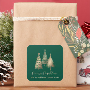 Pegatina Cuadrada Elegante árbol de Navidad de oro Feliz Navidad