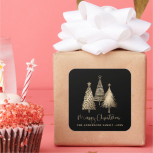 Pegatina Cuadrada Elegante Árbol de Navidad de Oro Feliz Navidad