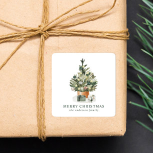 Pegatina Cuadrada Elegante árbol de Navidad en acuarela