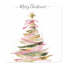 Elegante árbol de Navidad en acuarela rosa y dorad