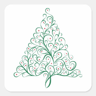 Pegatina Cuadrada Elegante árbol de Navidad rojo y verde caligrafía