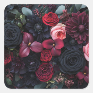Pegatina Cuadrada Elegante Arreglo Floral Oscuro Con Rosas