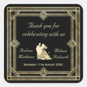 Pegatina Cuadrada Elegante Art Deco Oro Boda Negra Favor Personaliza