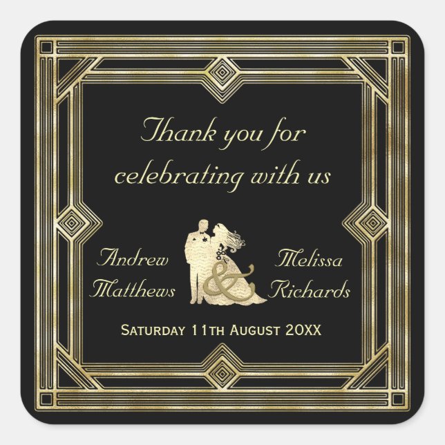 Pegatina Cuadrada Elegante Art Deco Oro Boda Negra Favor Personaliza (Anverso)