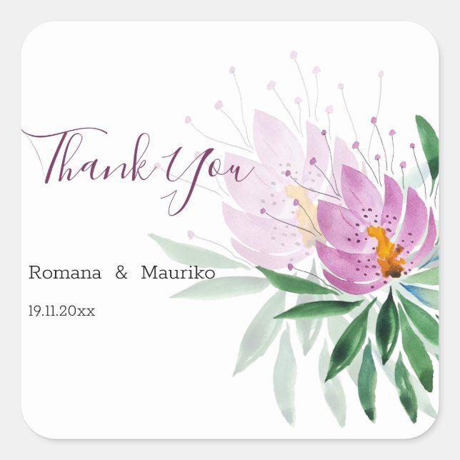 Pegatina Cuadrada Elegante arte romántico violeta Lotus acuarela (Anverso)