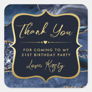 Pegatina Cuadrada Elegante azul y oro Purpurina Agate Cumpleaños