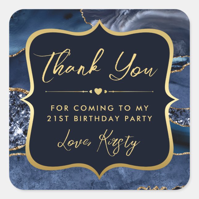 Pegatina Cuadrada Elegante azul y oro Purpurina Agate Cumpleaños (Anverso)