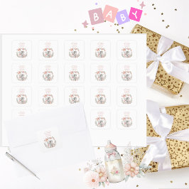 Pegatina Cuadrada Elegante Baby Girl Pink Elephant Baby Shower