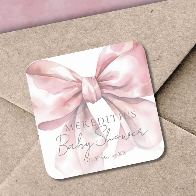 Pegatina Cuadrada Elegante Baby Shower Bow Rosa (Elegant Pink Bow Baby Shower Square Sticker)