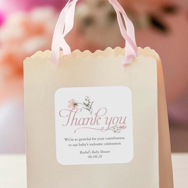 Pegatina Cuadrada Elegante Baby Shower con temática de flor silvestr (Elegant Pink Wildflower, Baby Girl shower favor thank you stickers.)