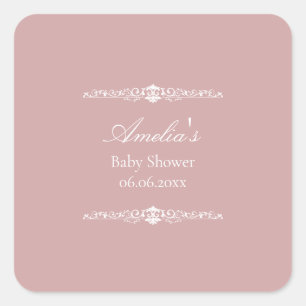 Pegatina Cuadrada Elegante Baby Shower de estilo Regencia Rosa