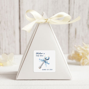 Pegatina Cuadrada Elegante Baby Shower de ráfaga azul plateado