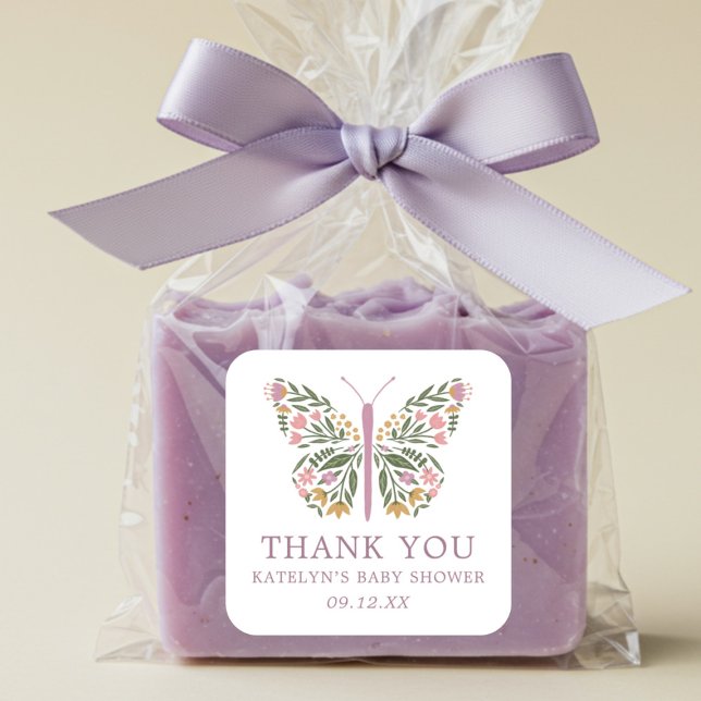 Pegatina Cuadrada Elegante Baby Shower Favor de la Mariposa Floral (Subido por el creador)