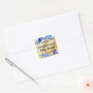 Pegatina Cuadrada Elegante Baby Shower Purple Floral Gold Gracias