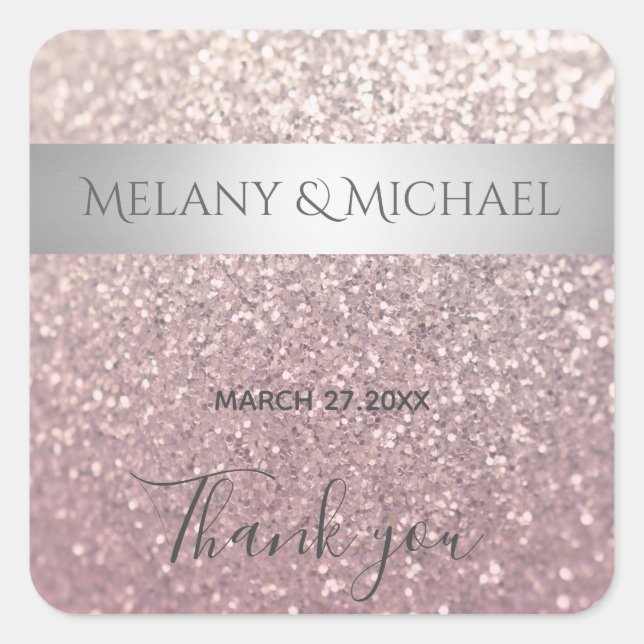 Pegatina Cuadrada Elegante banda purpurinoso de plata Gracias (Anverso)