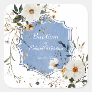 Pegatina Cuadrada Elegante Bautismo Azul Dusto Floral