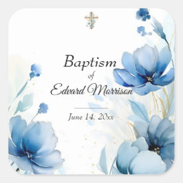 Pegatina Cuadrada Elegante Bautismo Azul Dusto Floral