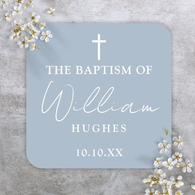 Pegatina Cuadrada Elegante bautismo Minimalista azul turbio (Elegant Dusty Blue Minimalist Baptism Christening Square Sticker)