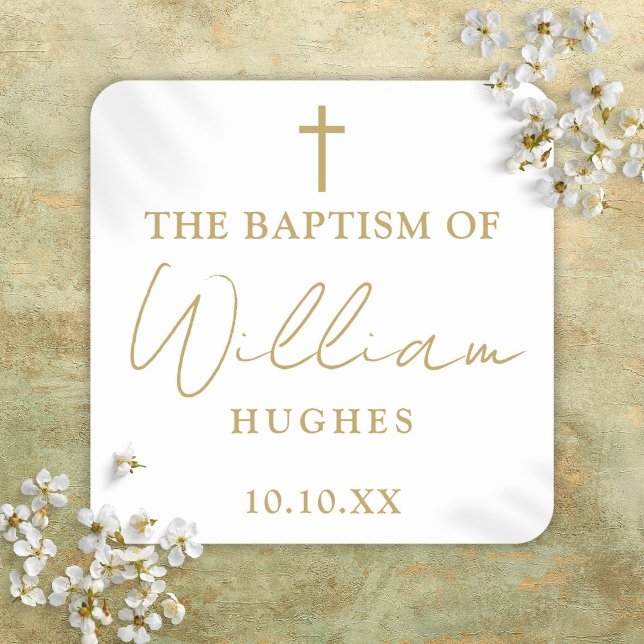 Pegatina Cuadrada Elegante bautismo Minimalista de oro (Elegant Gold Minimalist Baptism Christening Square Sticker)