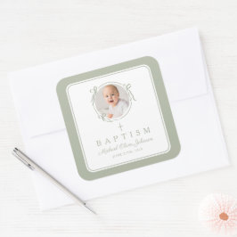 Pegatina Cuadrada Elegante bautizo de foto de niño con lazo verde sa