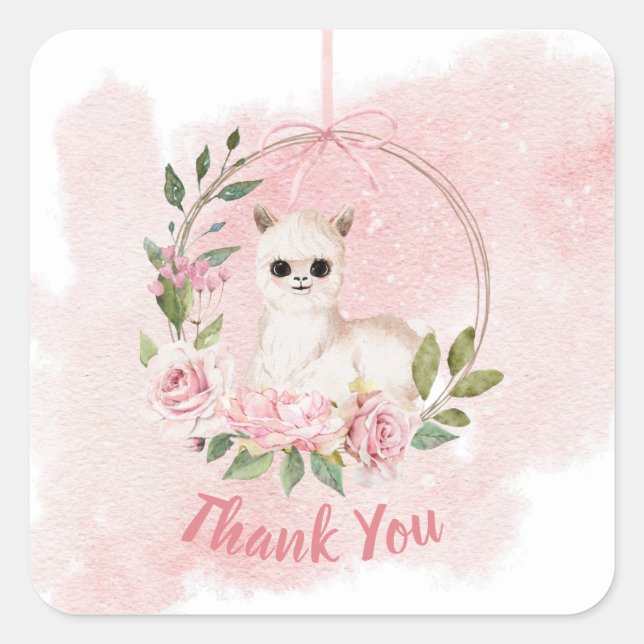 Pegatina Cuadrada Elegante Bebé Rosa Guión Acuático Gracias (Anverso)