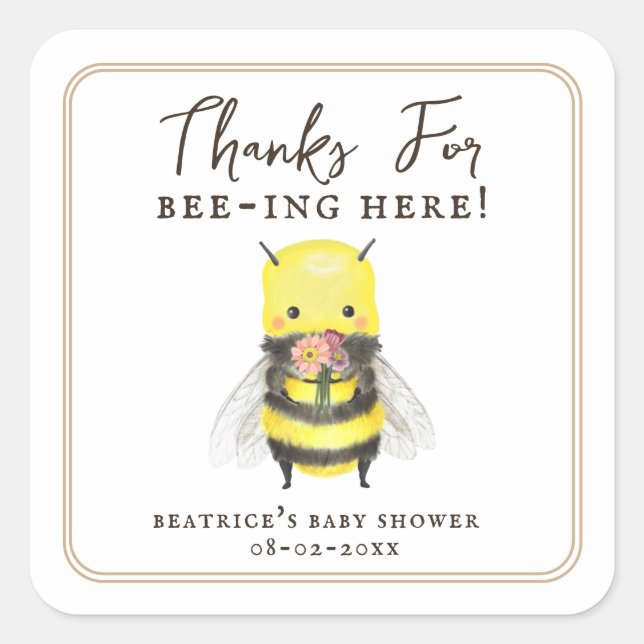 Pegatina Cuadrada Elegante Bee and Flower Baby Ducha Favor Gracias (Anverso)