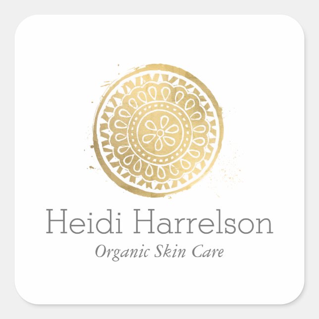 Pegatina Cuadrada Elegante Belleza Mandala Logo Faux Gold (Anverso)