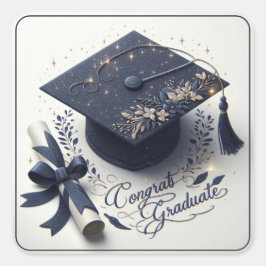 Pegatina Cuadrada Elegante birrete de graduación y diploma