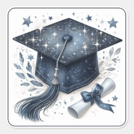 Pegatina Cuadrada Elegante birrete de graduación y diploma