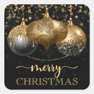 Pegatina Cuadrada Elegante Black and Gold Baubles Feliz Navidad