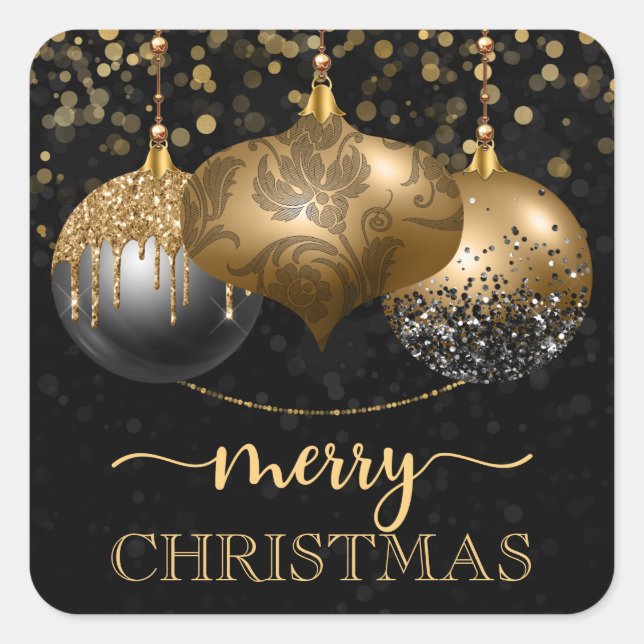 Pegatina Cuadrada Elegante Black and Gold Baubles Feliz Navidad (Anverso)