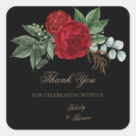 Pegatina Cuadrada Elegante Black & Gold Script Red Floral Gracias