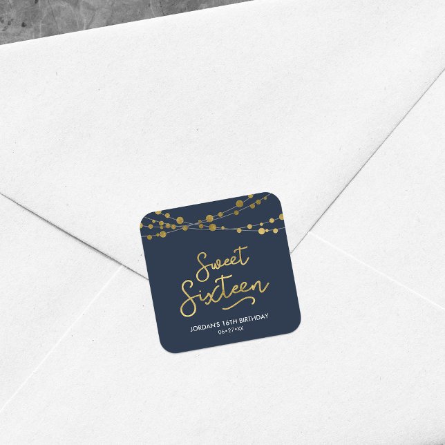 Pegatina Cuadrada Elegante Blue Faux Gold Strings of Lights Sweet 16 (Subido por el creador)