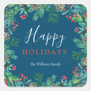 Pegatina Cuadrada Elegante Blue Happy Holidays Wreath Family Name