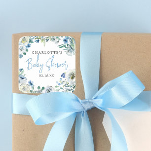 Pegatina Cuadrada Elegante Blue Peony Floral Boy Baby Shower